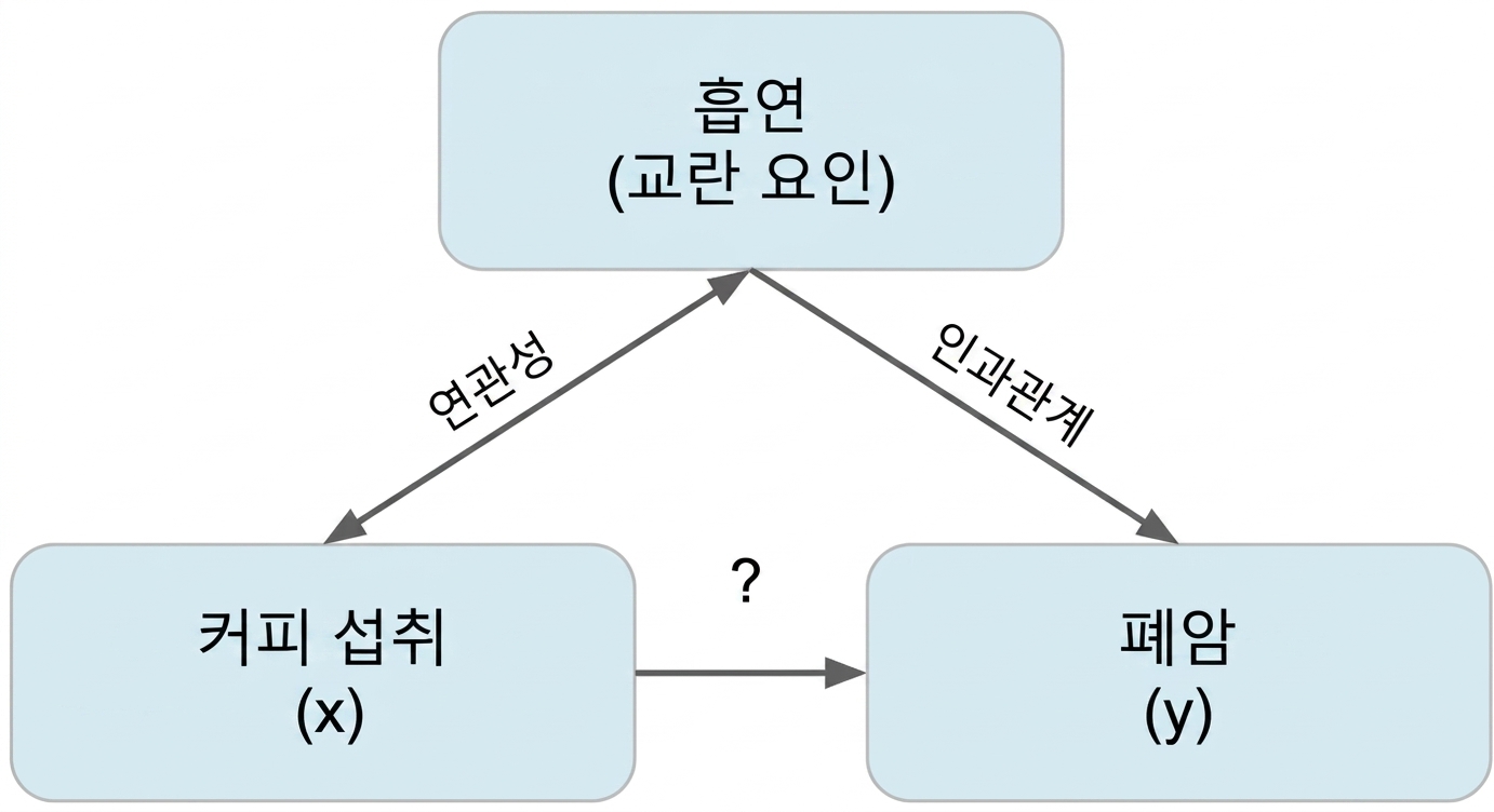 흡연(교란 변수)과 함께 커피 섭취(x)가 폐암(y)을 가리킴. "연관성"이라고 표시된 흡연과 커피 섭취 사이의 양방향 화살표. "인과관계"라고 표시된 흡연에서 폐암으로 향하는 화살표.