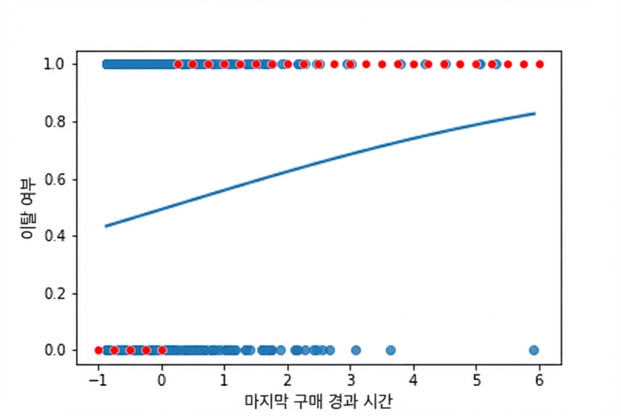 마지막 구매 이후 시간 대비 이탈 산점도와 로지스틱 추세선. 가장 가능성 높은 결과로 주석 처리됨. 시간이 짧으면 비이탈, 길면 이탈이 가장 가능성 높음.