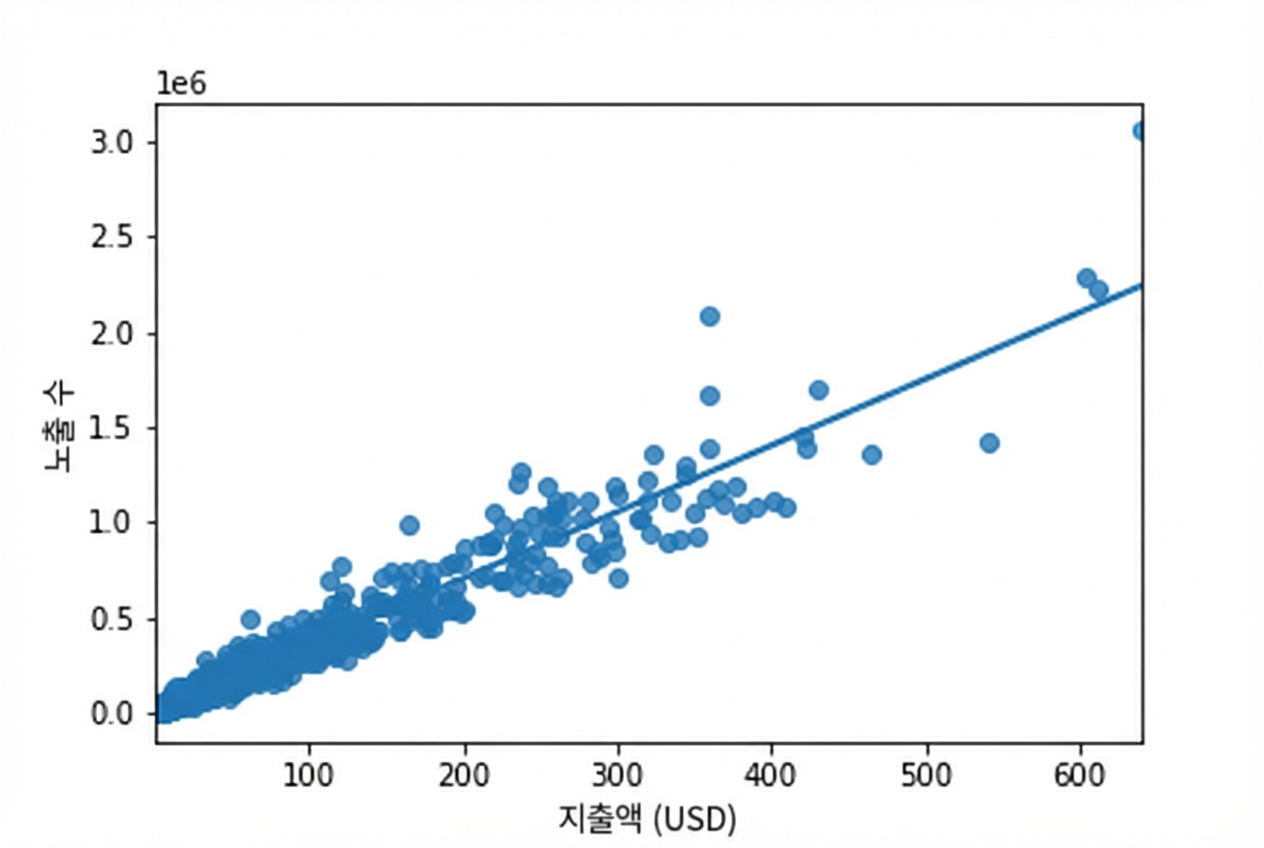 광고비 대 노출 수 산점도와 추세선. 대부분의 데이터 점이 그래프 왼쪽 하단에 밀집되어 있음.