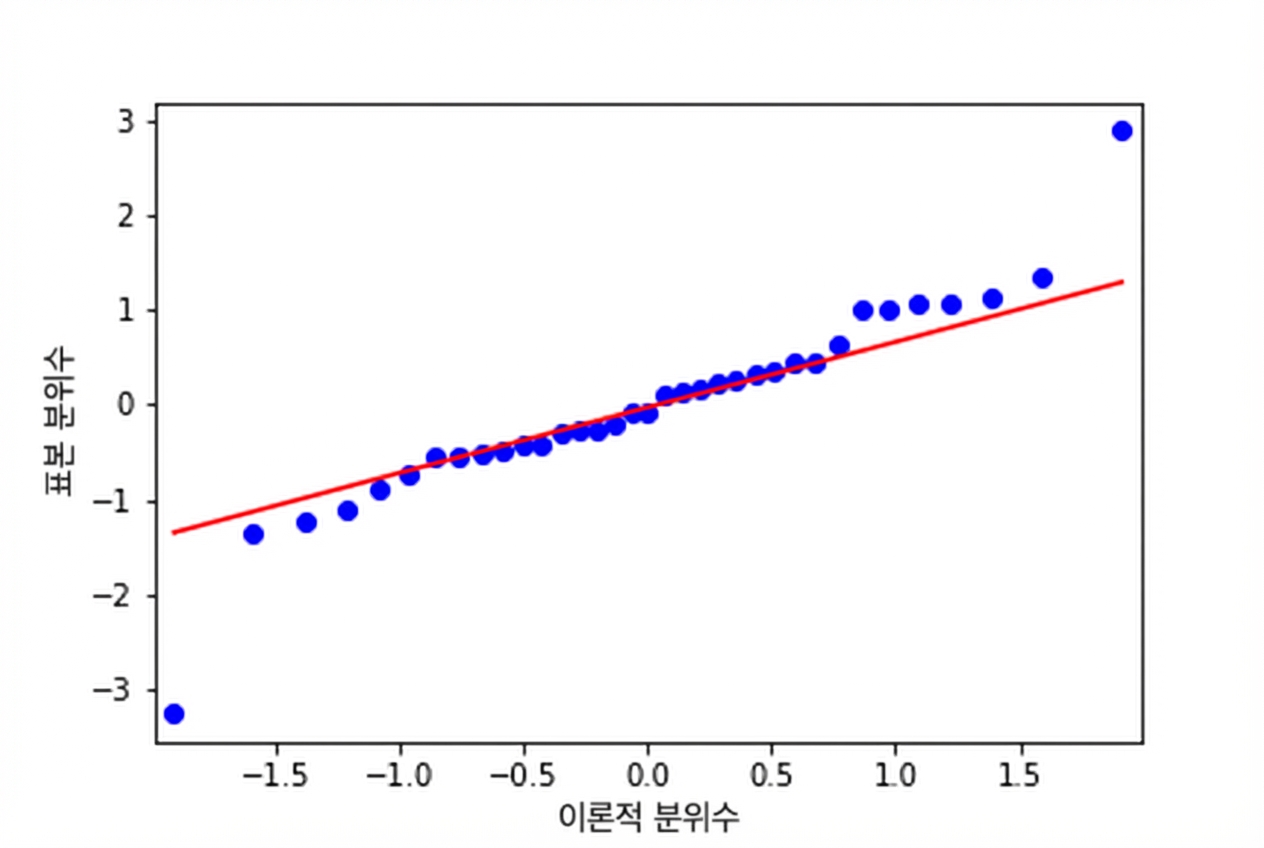 빙어 모형의 표준화 잔차 대 이론적 분위수 Q-Q 플롯. 두 개의 이상치를 제외하면 점들이 등치선 근처를 잘 따름.