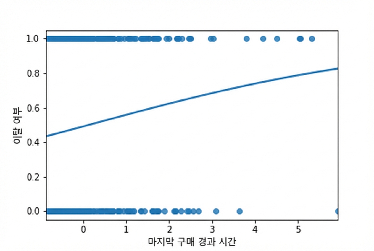 마지막 구매 이후 시간 대비 이탈 산점도와 로지스틱 추세선.