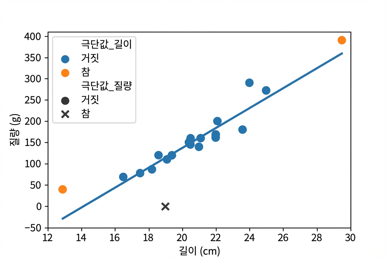 길이에 따른 바퀴벌레 질량 산점도와 추세선. 대부분의 점은 파란색이며, 매우 짧은 개체와 매우 긴 개체 두 점은 주황색입니다. 대부분의 점은 원이지만, 질량이 0으로 보이는 개체 하나는 십자 모양입니다.