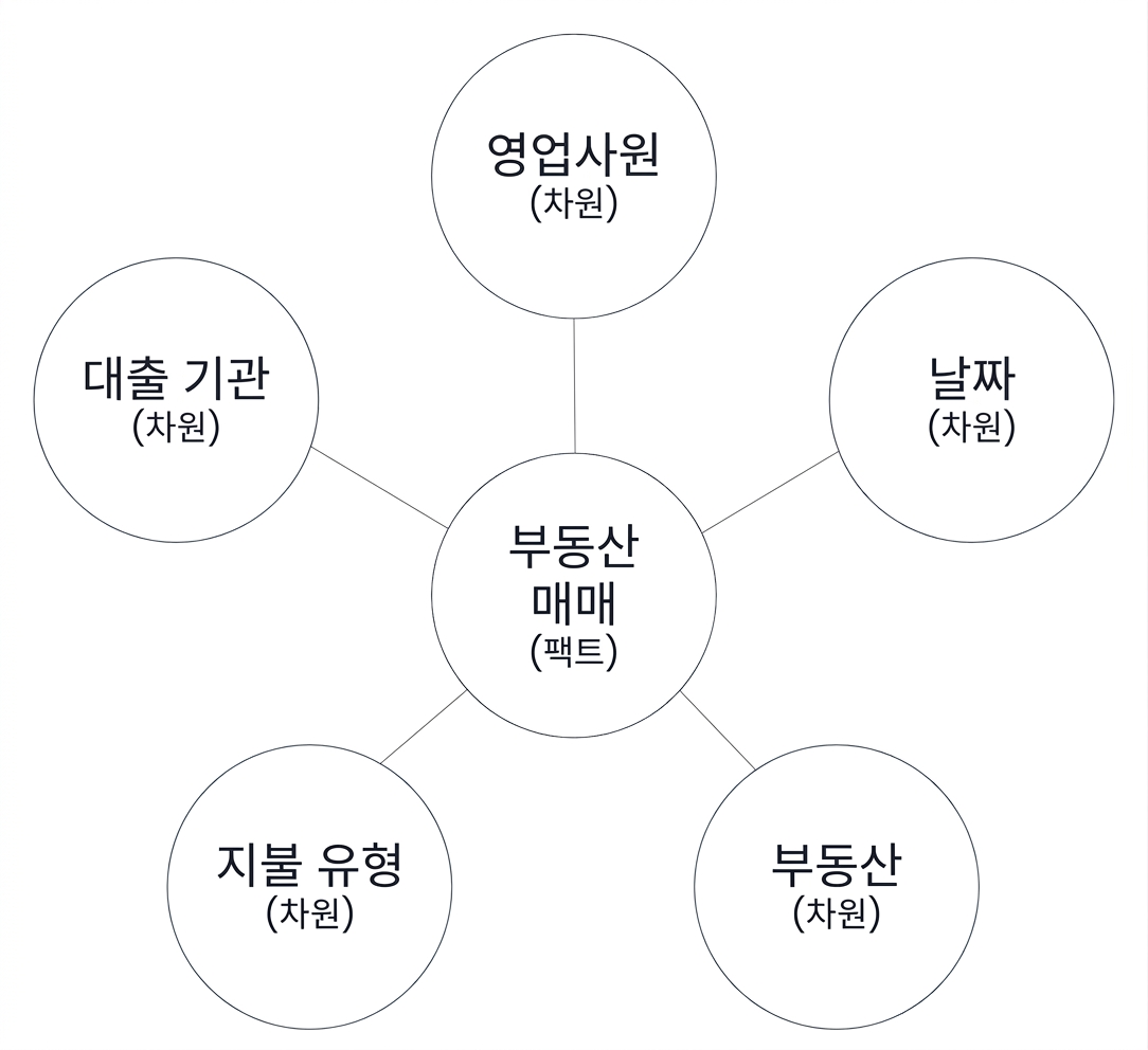 사실을 둘러싼 5개 차원이 있는 스타 스키마 다이어그램