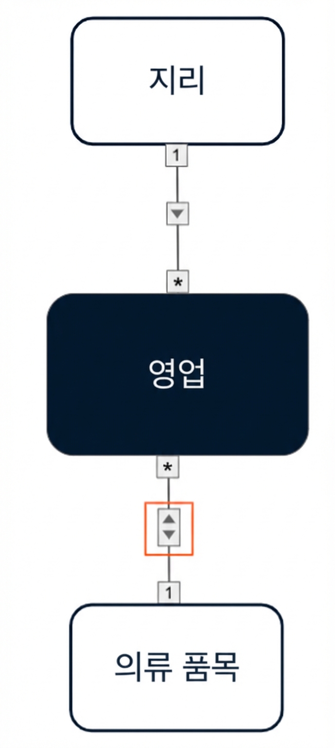 Geography 차원에서 팩트로 단방향 필터, Clothing Item 차원과 팩트 간 양방향 필터가 적용된 데이터 모델.