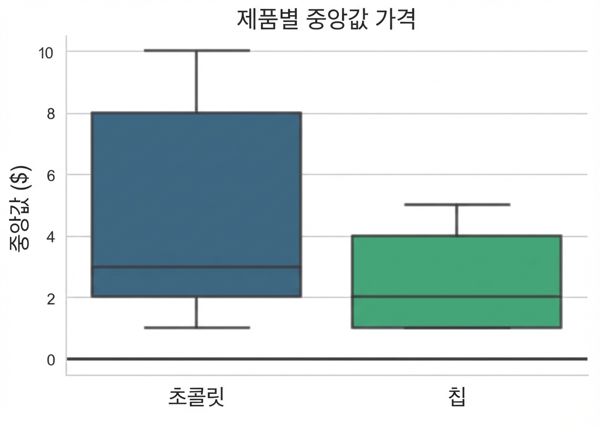 두 제품의 중앙값 가격을 보여주는 박스플롯