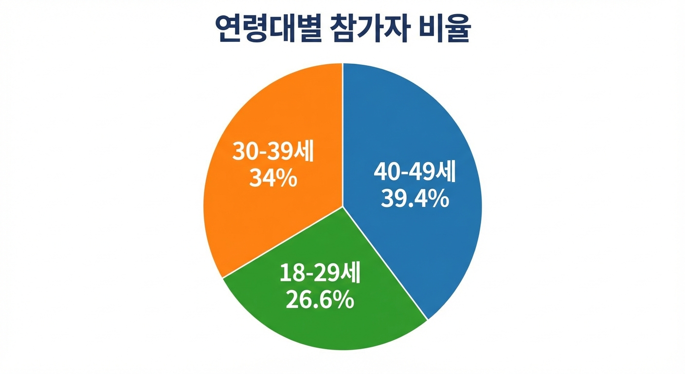 세 연령대('18-29', '30-39', '40-49')의 참가자 비율을 나타낸 원형 차트. '40-49' 그룹의 비율이 39.4%로 가장 높습니다.