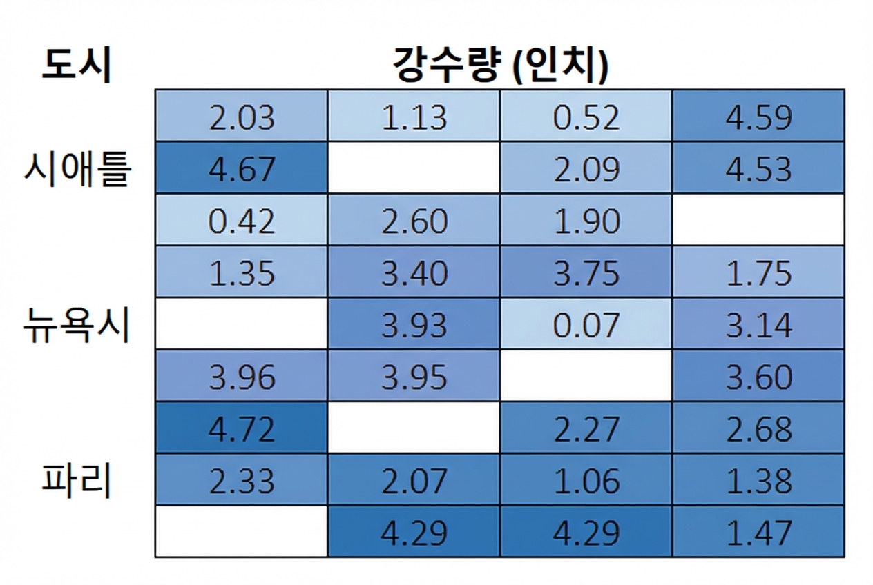 세 도시(시애틀, 뉴욕, 파리)별로 세 행씩 묶인 9행 4열 행렬. 30개의 강수량(인치) 값 중 6개가 세 도시에 걸쳐 무작위로 비어 있습니다.