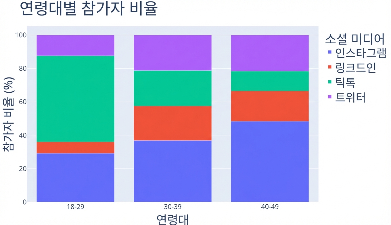 100% 누적 막대 차트. x축에는 세 연령대('18-29', '30-39', '40-49'), y축에는 참가자 비율이 표시됩니다. 각 막대는 Instagram, LinkedIn, TikTok, Twitter 네 소셜 미디어 플랫폼별 비율로 구성됩니다.