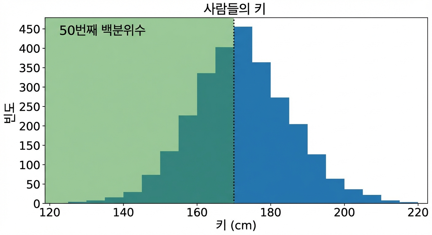사람 키의 히스토그램으로, x축은 키 값, y축은 해당 키의 관측 수를 나타냅니다. 중앙에서 왼쪽까지의 녹색 음영이 50번째 백분위를 나타냅니다.