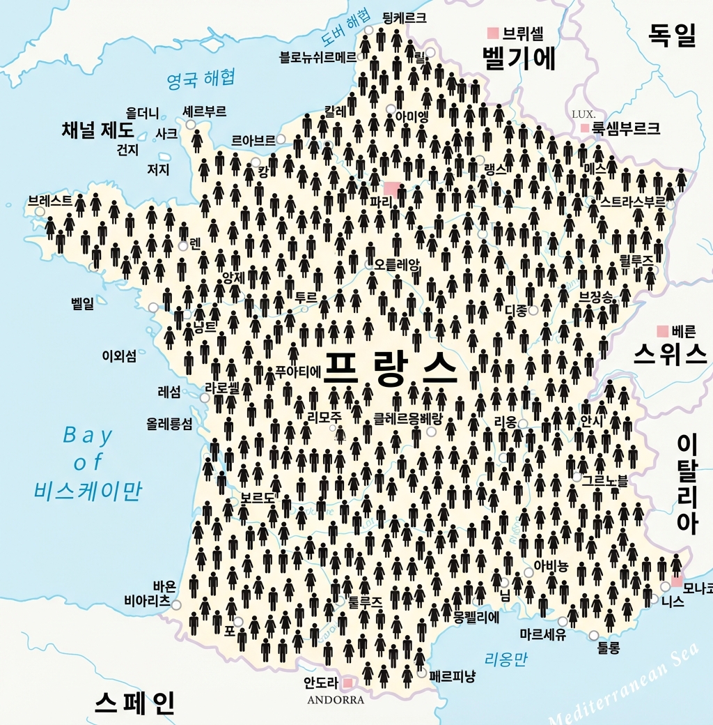 사람 아이콘이 있는 프랑스 지도.