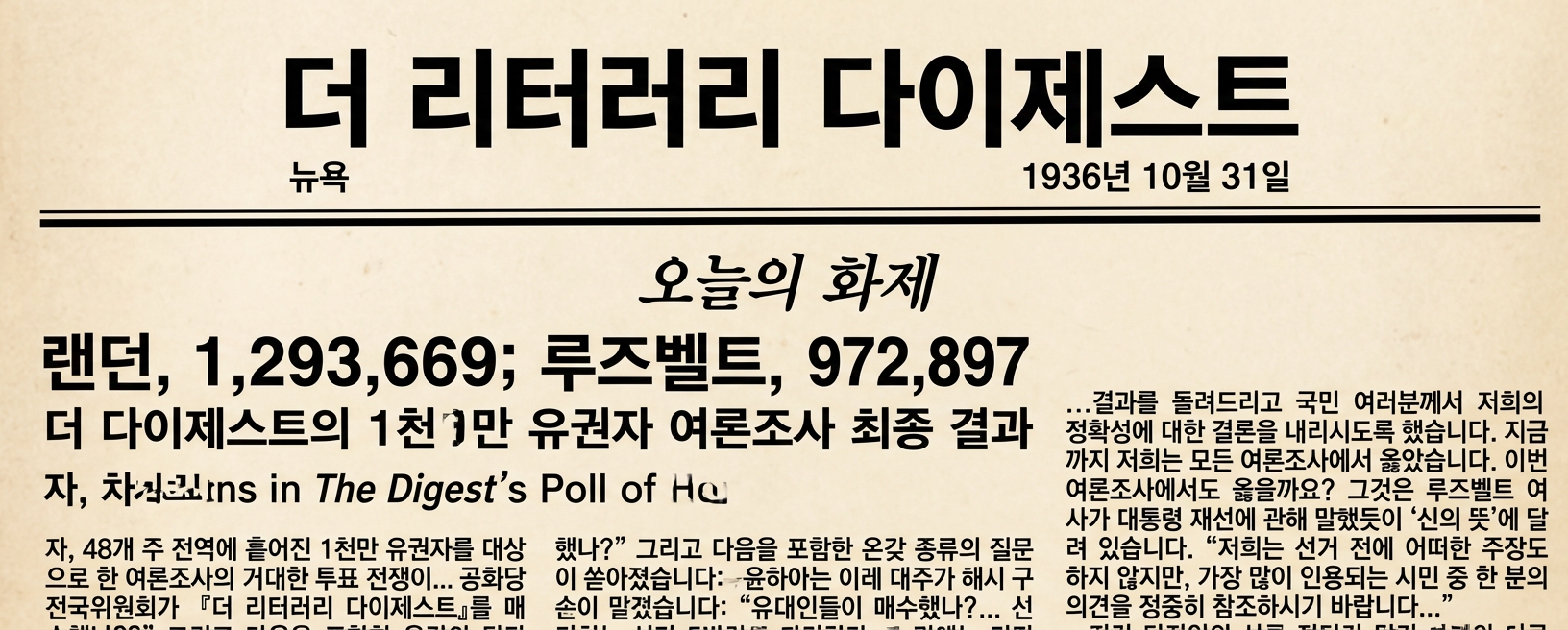 1936년 The Literary Digest 1면. 선거 예측 헤드라인: 랜던 130만 표, 루스벨트 약 100만 표.