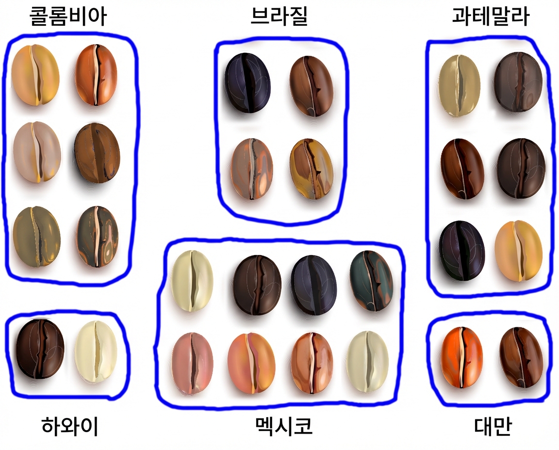 원산지별로 그룹화된 커피 원두.