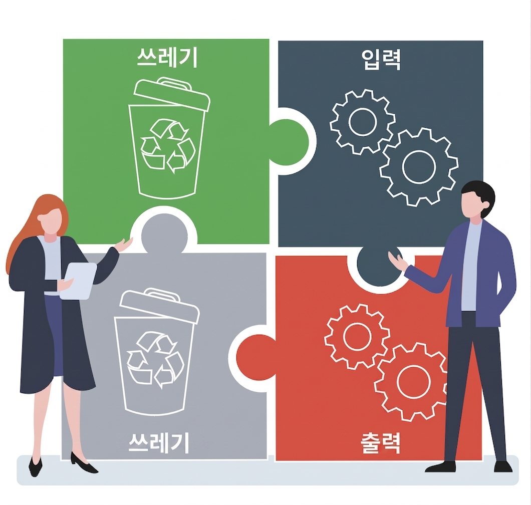 일러스트: "garbage data"가 사용되어 어떤 분석에서도 "garbage data"가 나오는 모습. 이로 인해 데이터에 대해 답보다 질문이 더 많아집니다.