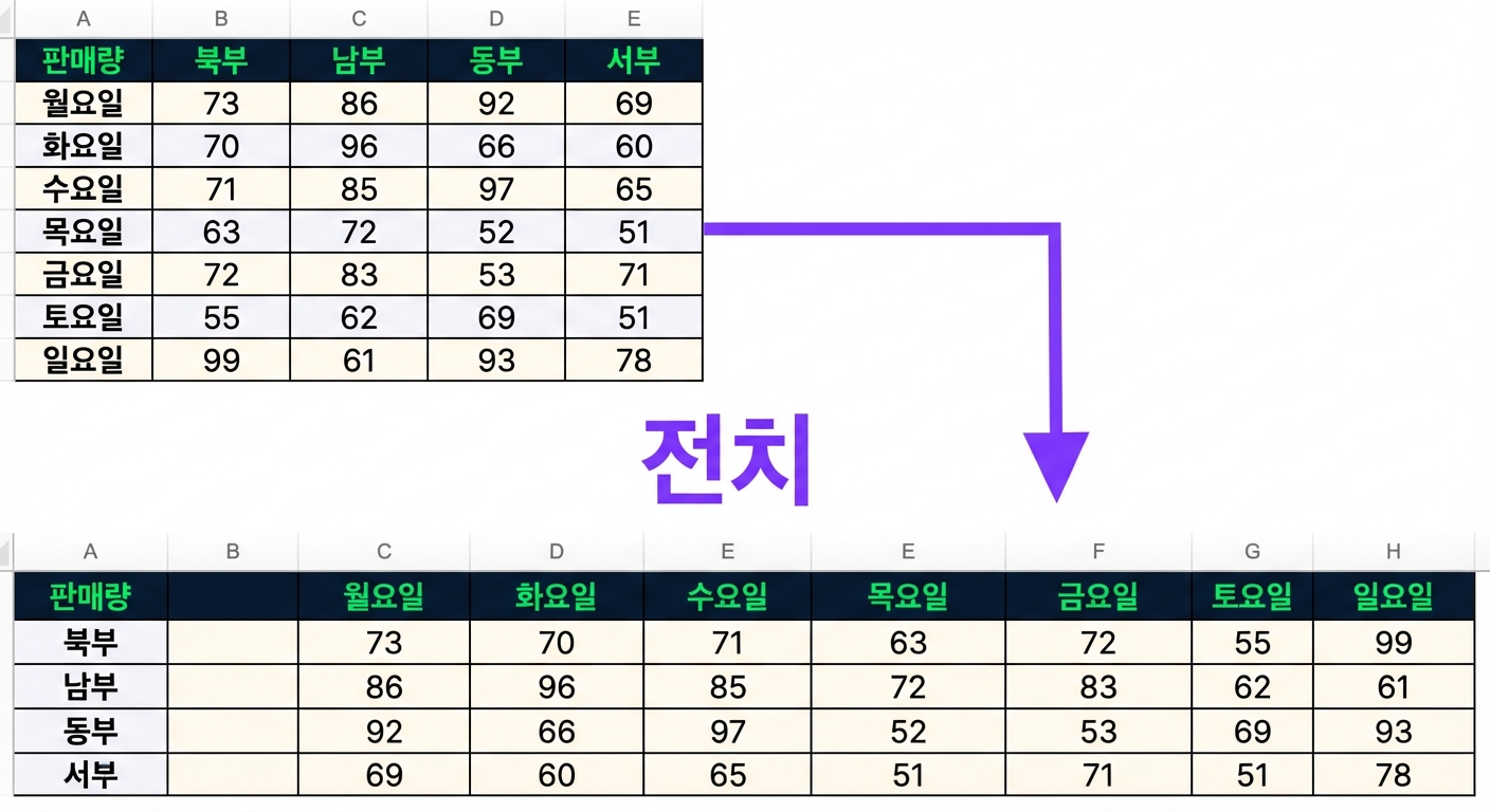 첫 열에 요일, 다른 열에 지역(북·남·동·서)별 판매량이 있는 표. 전치 후에는 첫 열이 지역(북·남·동·서), 나머지 열이 요일별 판매량.