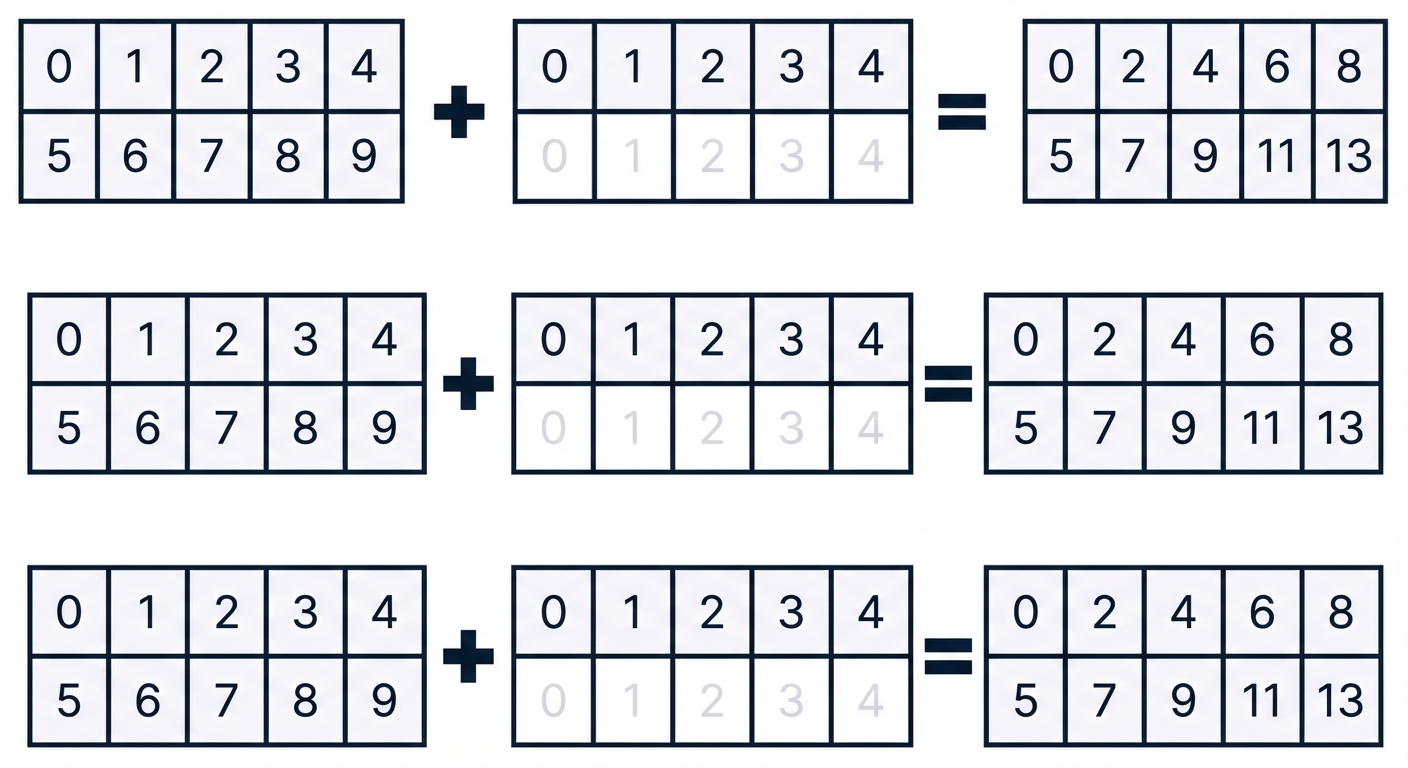 shape (2, 5) 배열과 shape (2, 5) 배열의 덧셈