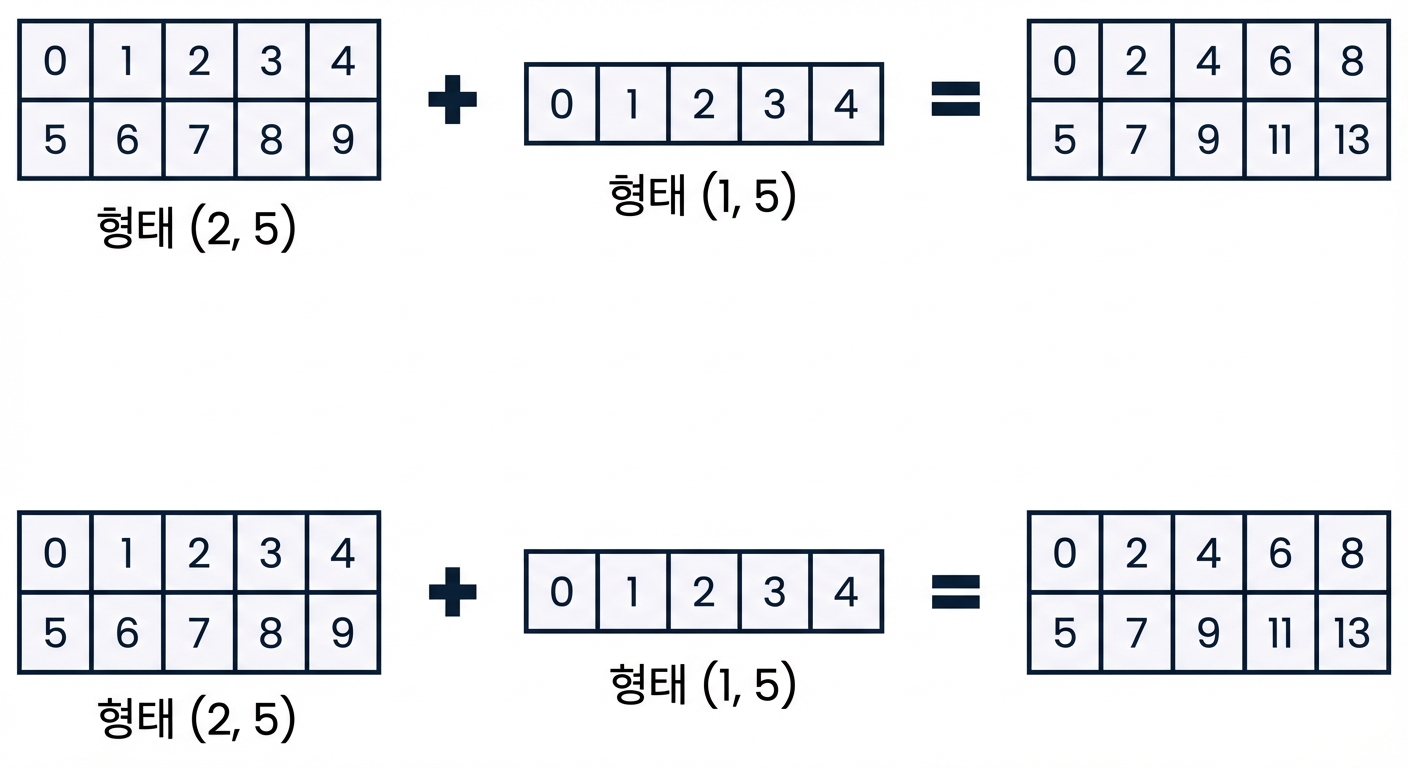 shape (2, 5) 배열과 shape (1, 5) 배열의 덧셈