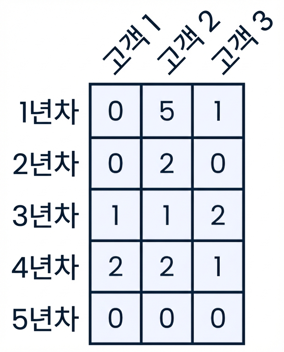 행은 연도, 열은 고객으로 레이블이 지정된 security_breaches 배열 그래픽