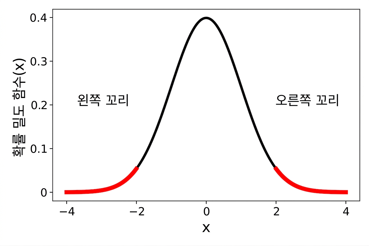 표준 정규 분포의 확률밀도함수 밀도 플롯으로, 왼쪽과 오른쪽 꼬리가 빨간색으로 강조 표시됨.