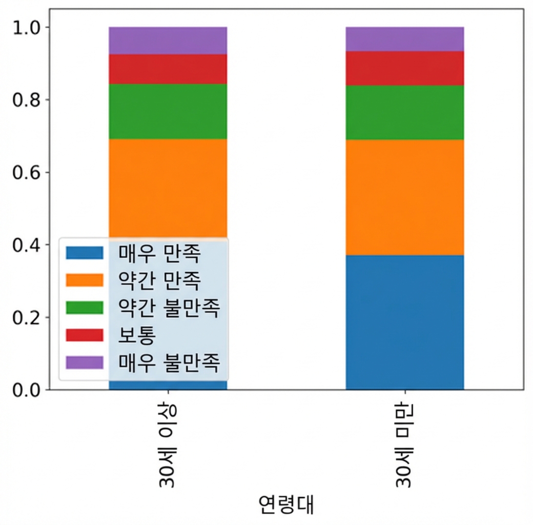 직업 만족도별로 채워진 연령 범주의 비율 누적 막대 그래프