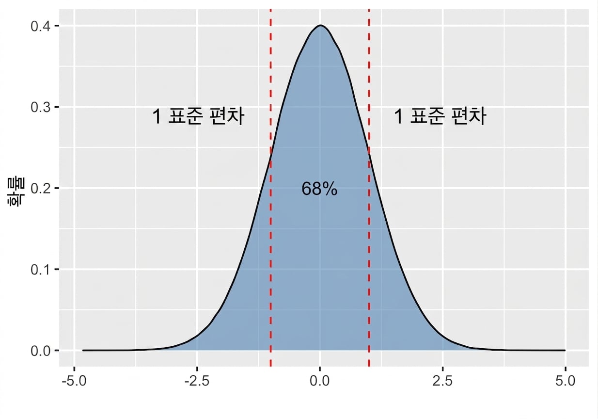 플러스 마이너스 1 표준편차 사이 면적이 68%로 표시된 정규분포.png