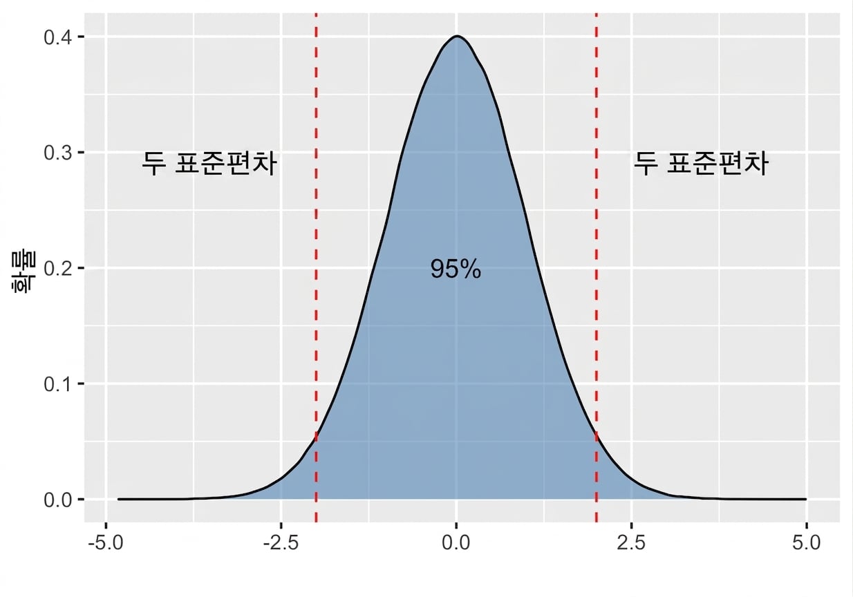 플러스 마이너스 2 표준편차 사이 면적이 95%로 표시된 정규분포.png