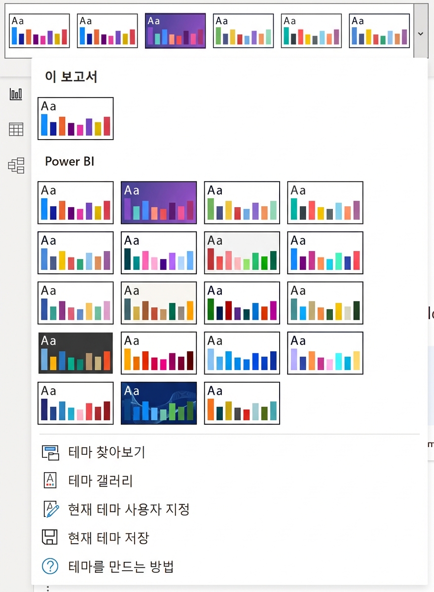 Power BI에는 기본 제공 테마가 포함되어 있으며 사용자 지정도 가능합니다.