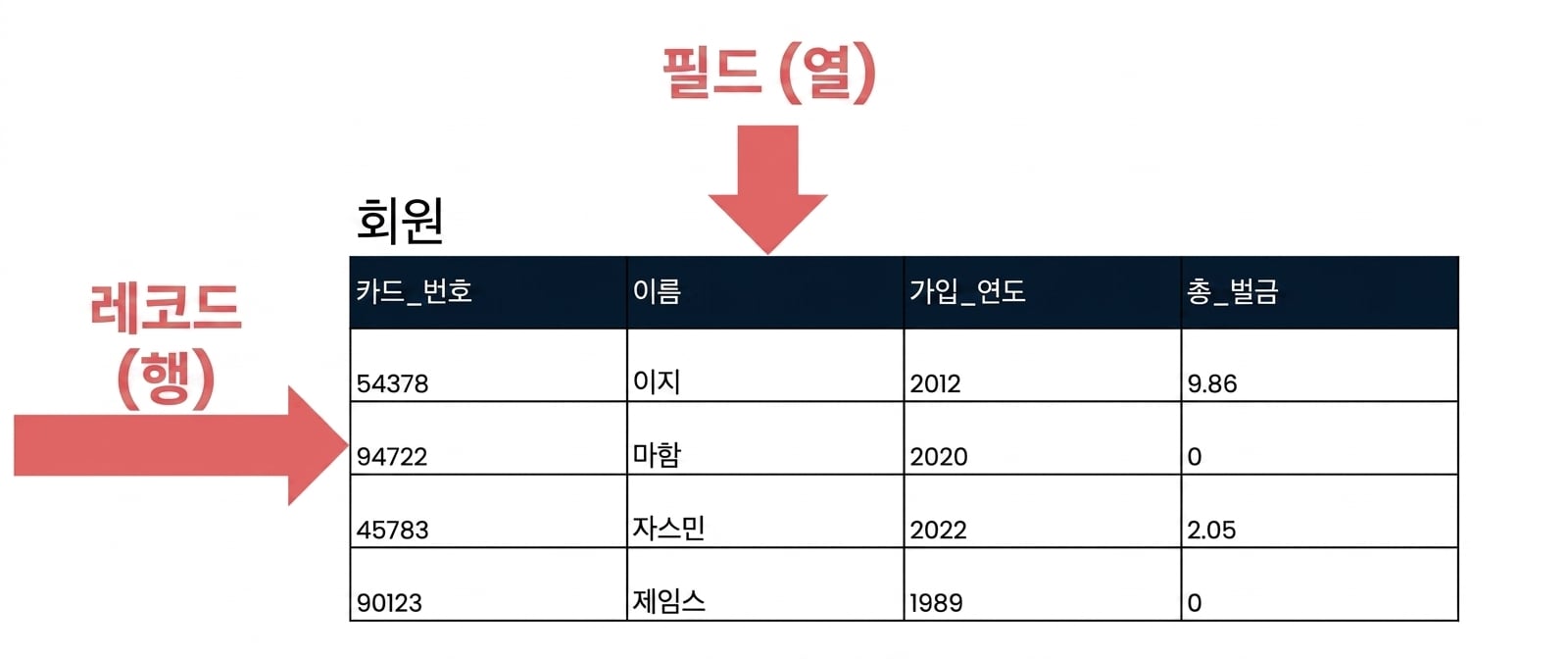 식별된 레코드와 필드가 있는 patrons 테이블