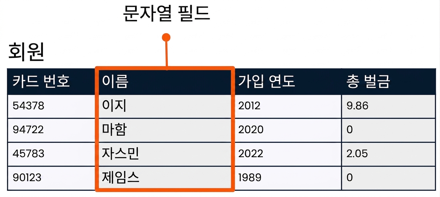문자열 필드의 예로 이름 필드가 강조 표시된 patrons 테이블