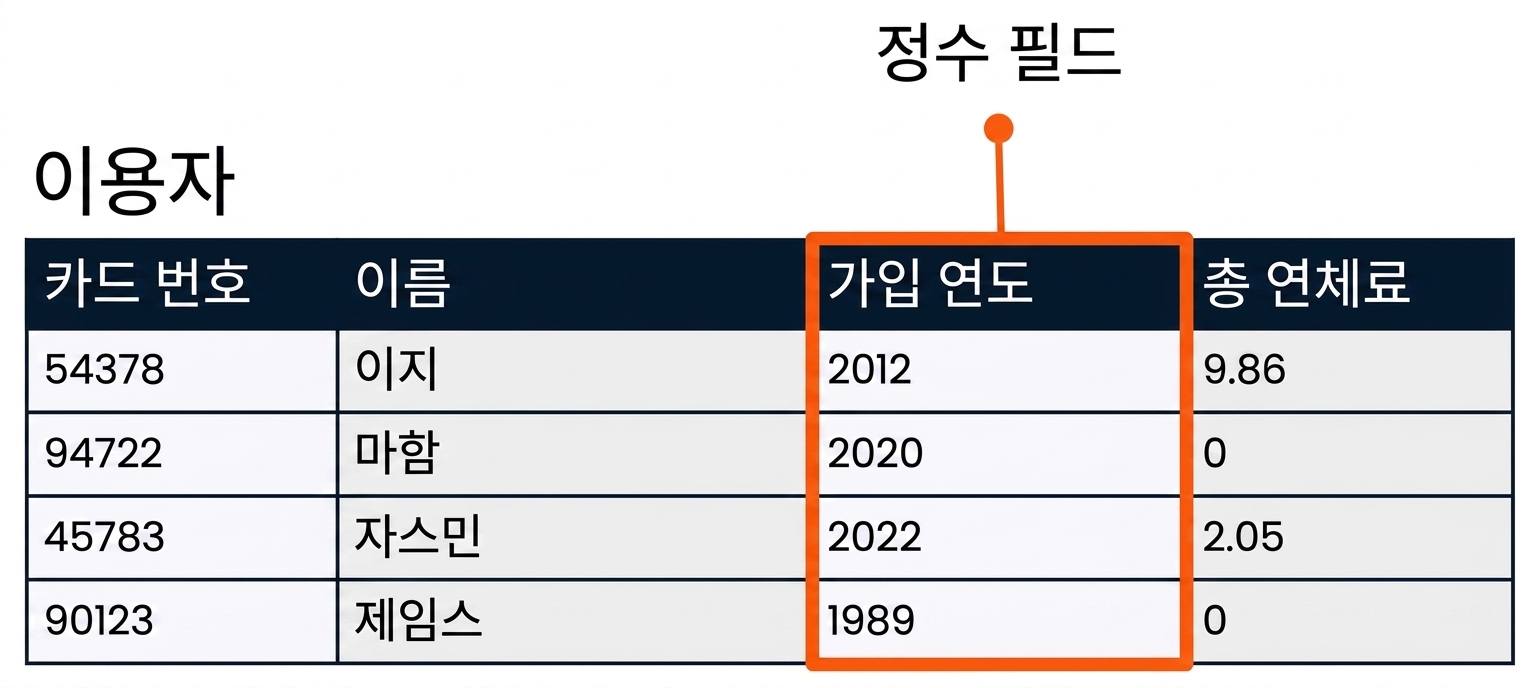 정수 필드의 예로 member_year 필드가 강조 표시된 patrons 테이블