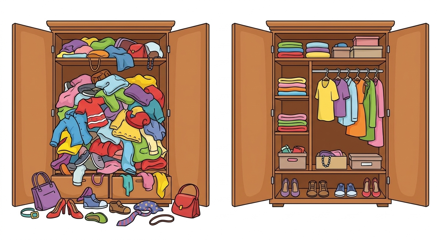 An illustration showing two side by side wardrobe, the left has a messy pile of clothes while the right shows an organized wardrobe.