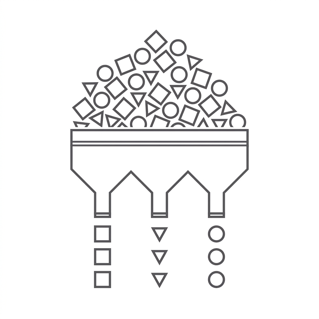 Illustration showing a full funnel with different shapes being funneled into three categories: squares, circles, and triangles
