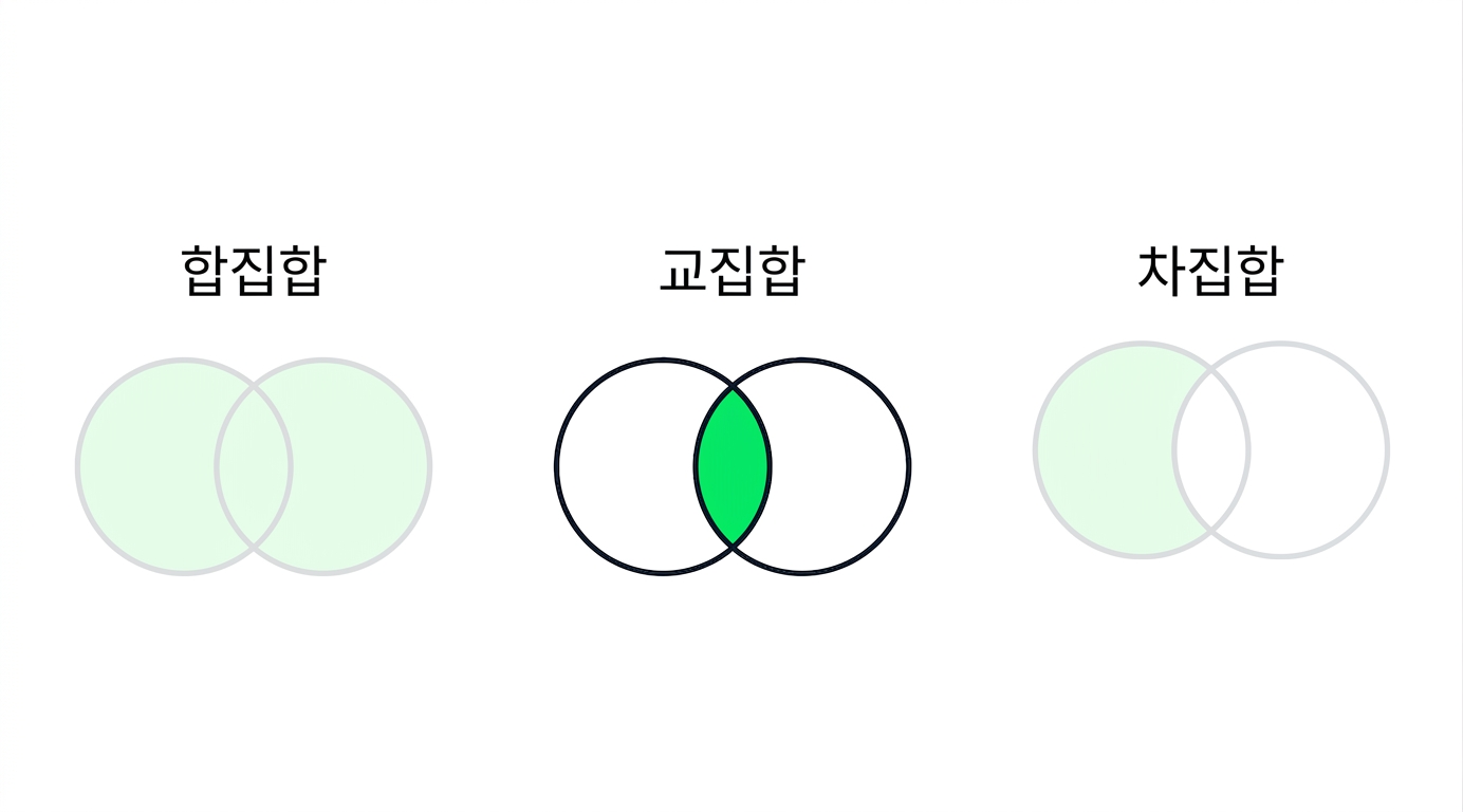 세 개의 벤 다이어그램 중 INTERSECT 다이어그램만 강조된 이미지입니다. INTERSECT 다이어그램은 두 원이 겹쳐 있으며, 겹치는 부분만 녹색으로 표시되어 있습니다.