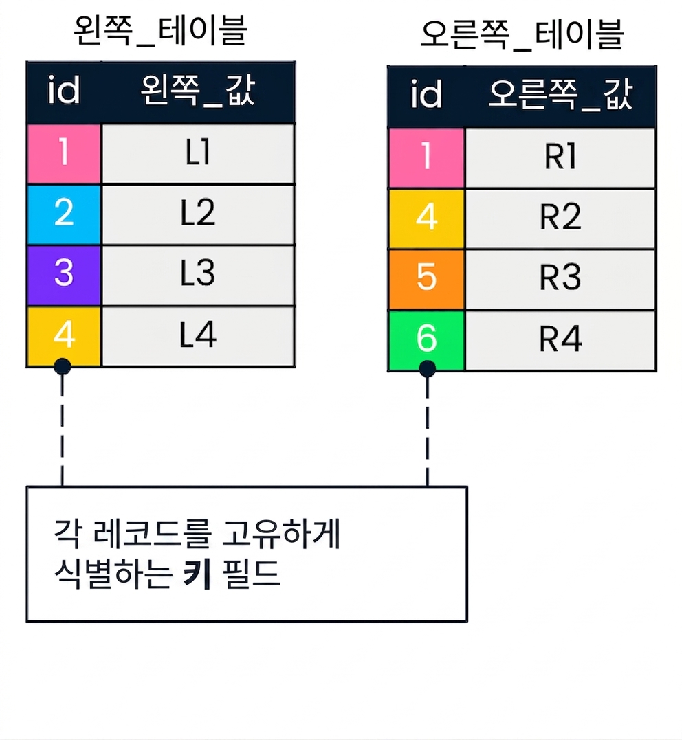 A diagram showing two tables: left table and right table. Matching id values in left and right table are displayed using the same colors.