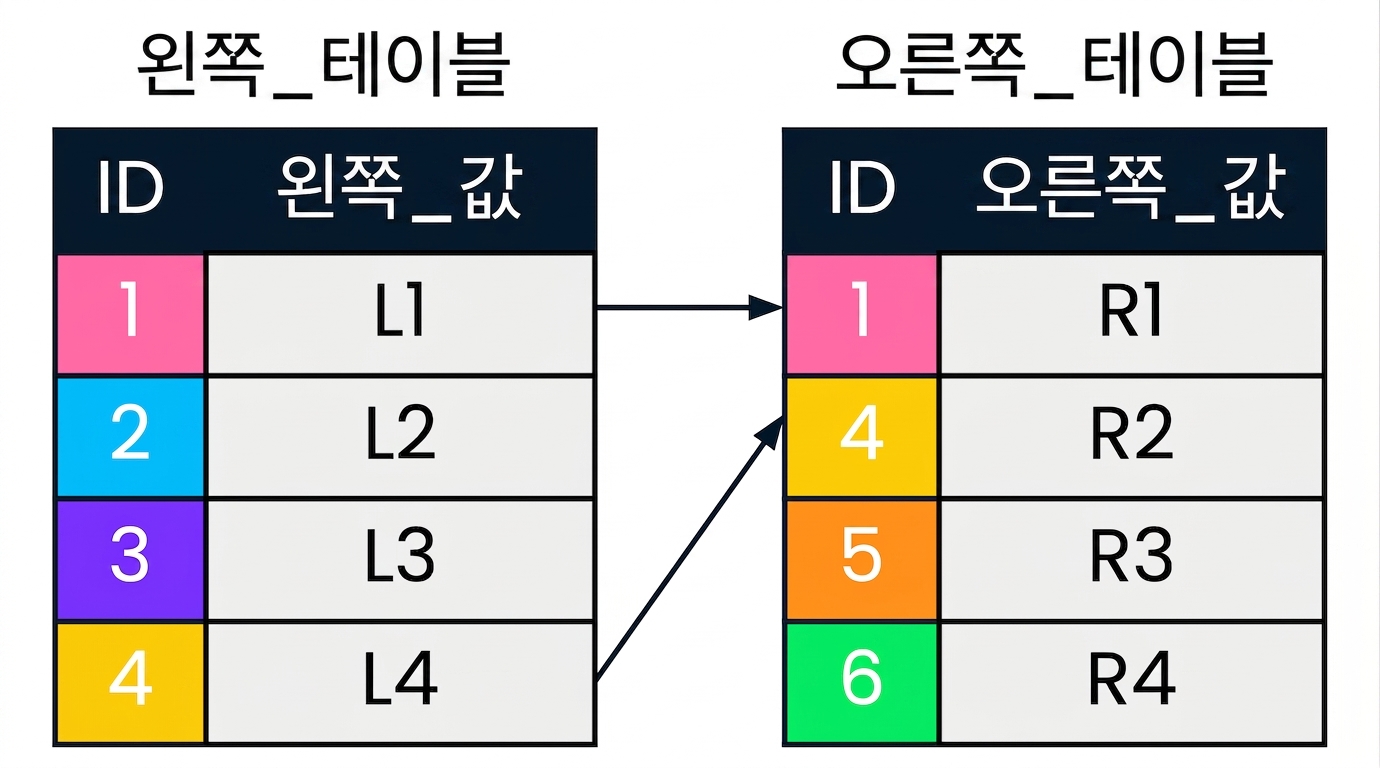 A diagram showing two tables: left_table and right_table. Matching id values in the left and right table are displayed using the same colors and are connected with arrows.