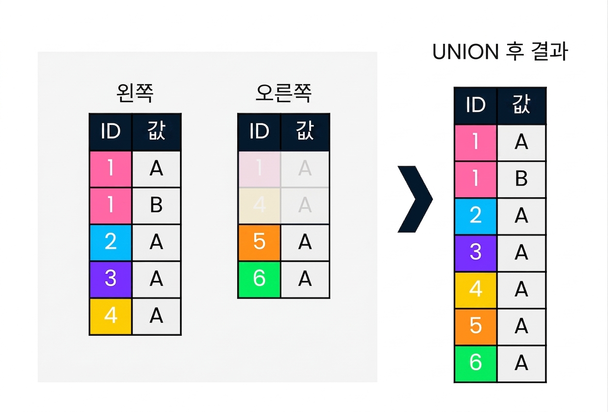 A diagram showing two tables, left and right. On the right side of the diagram, there is an illustration of what happens when a UNION operation is performed on the two tables.