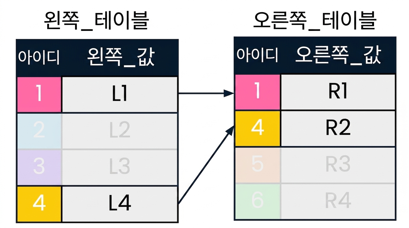 A diagram showing two tables: left_table and right_table. Matching id values in left and right table are displayed using the same colors and connected with arrows. Records that are not of interest to INNER JOIN have been faded out.