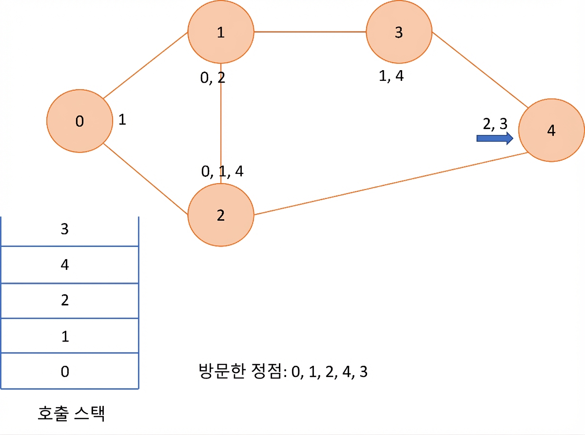 그래프에서 깊이 우선 탐색의 그래픽 표현.