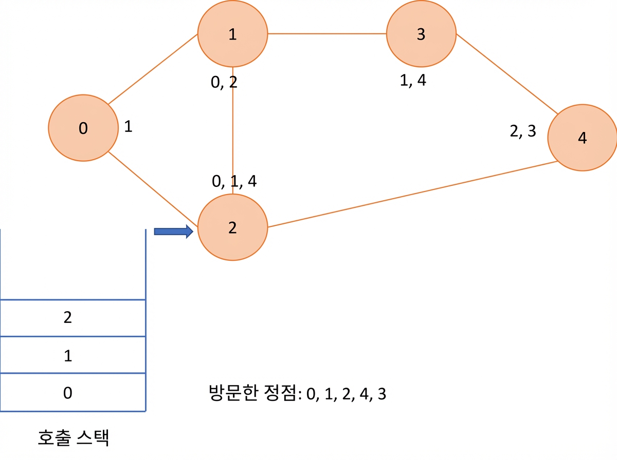 그래프에서 깊이 우선 탐색의 그래픽 표현.