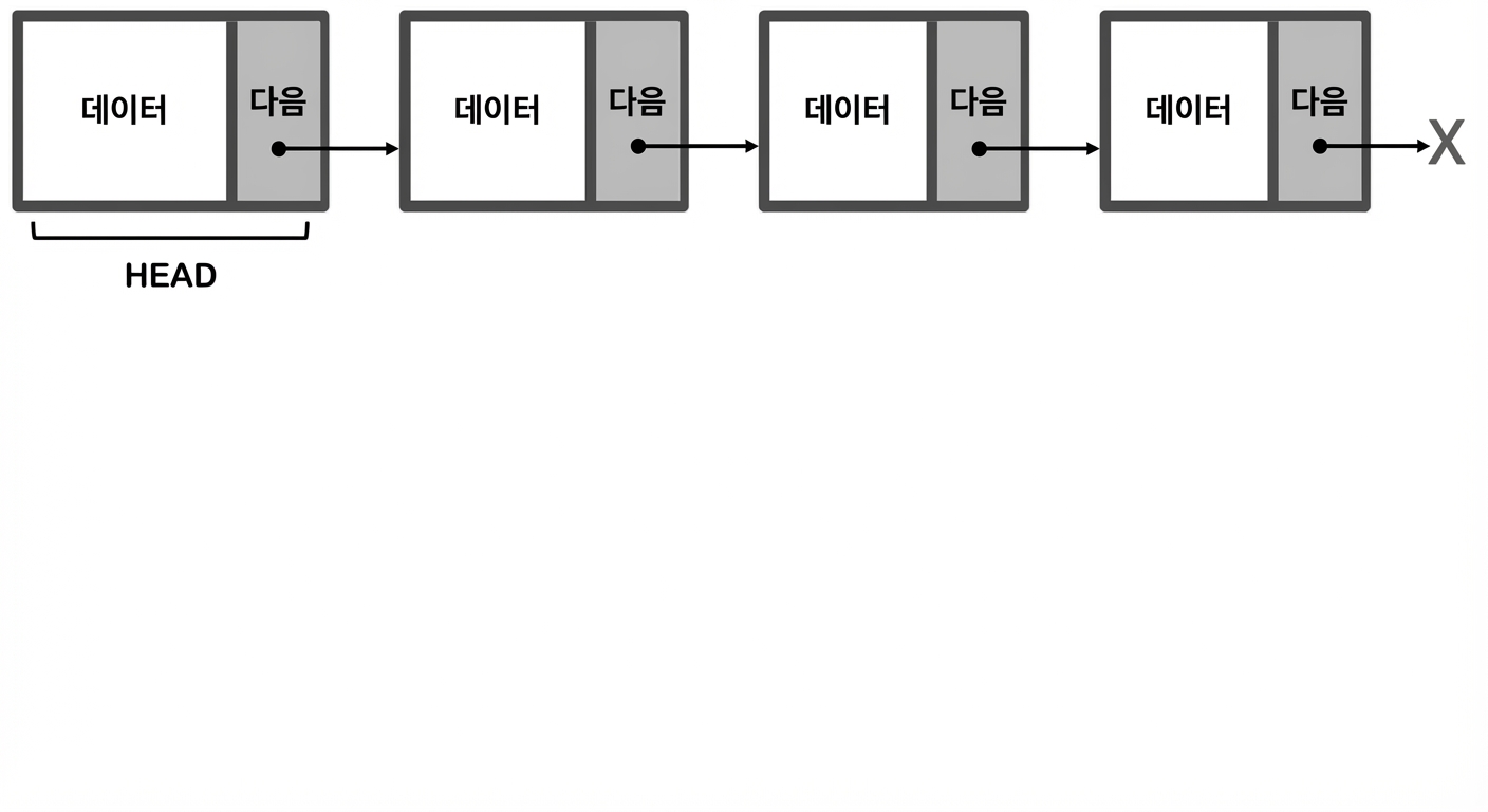 첫 번째 노드에 "HEAD"가 적힌 연결 리스트의 그림.
