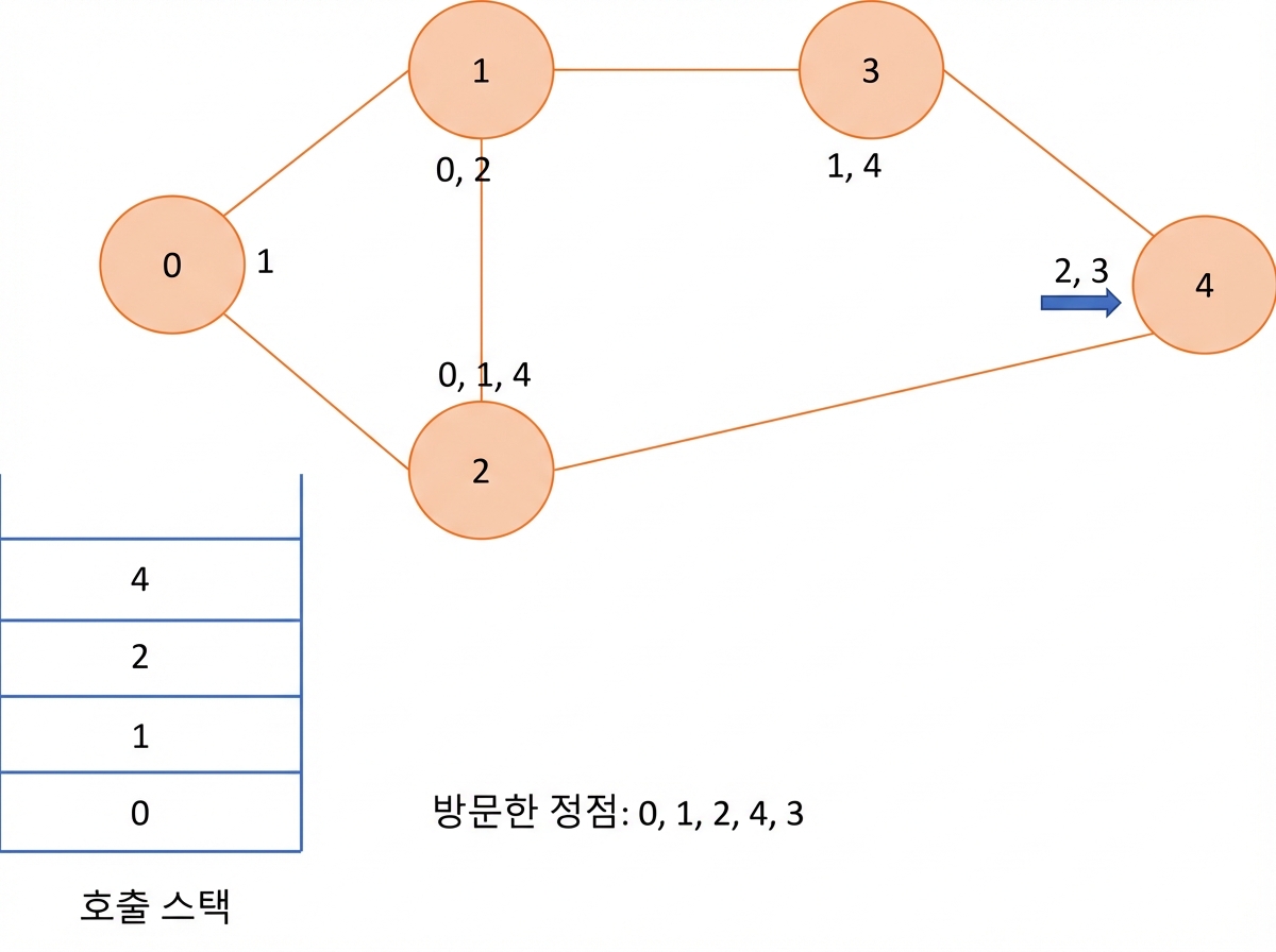 그래프에서 깊이 우선 탐색의 그래픽 표현.