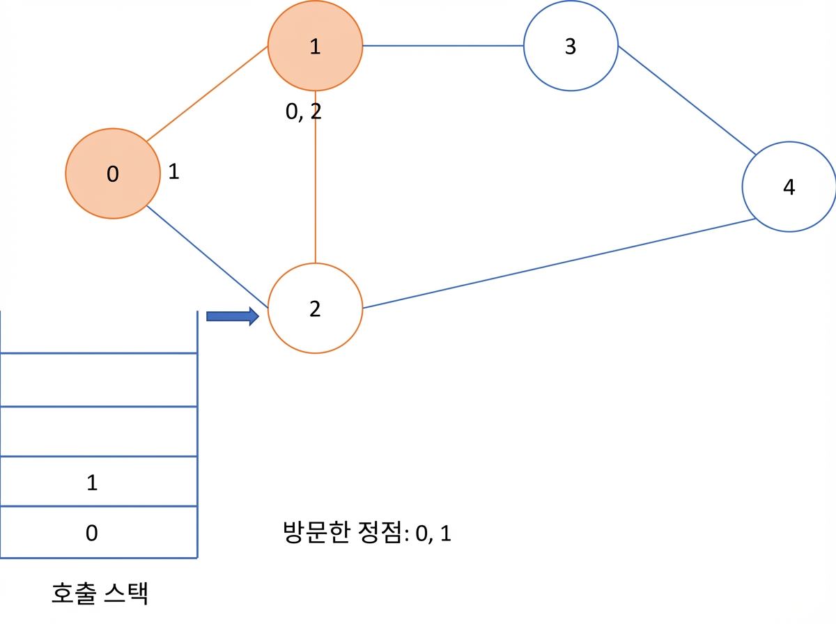 그래프에서 깊이 우선 탐색의 그래픽 표현.