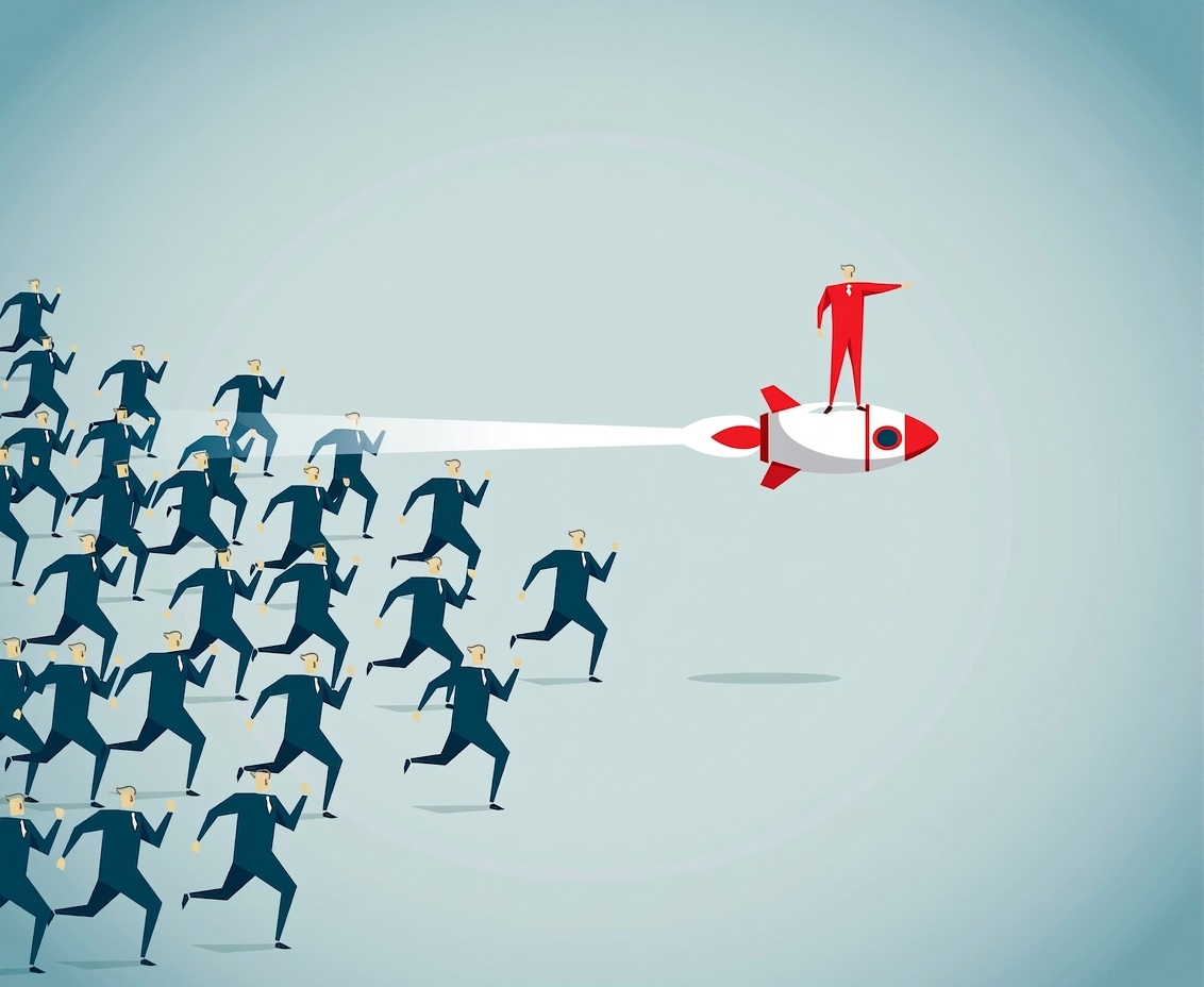 Man on rocket leading crowd of followers