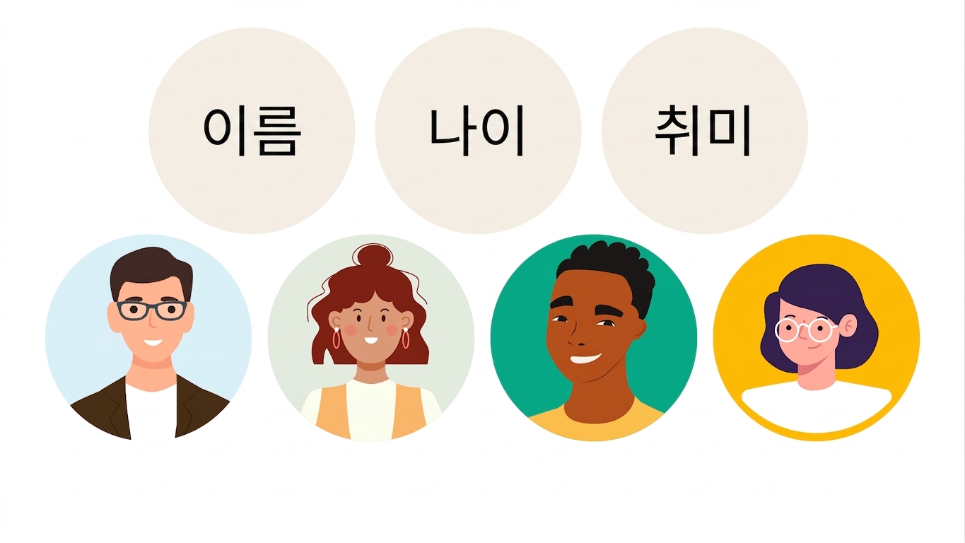 Four avatars of people and threes circles with name, age, hobbies