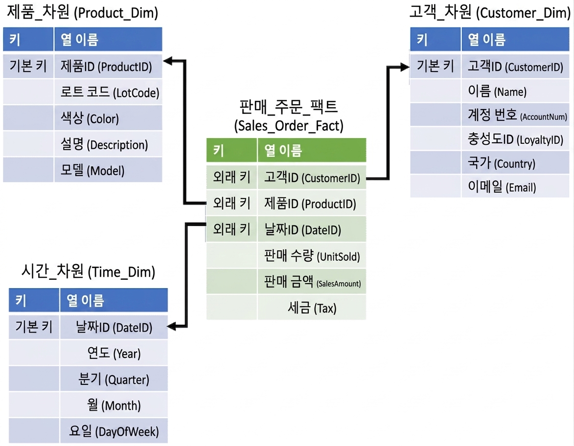 제품, 고객, 시간 차원 테이블이 중앙 판매 주문 테이블을 둘러싼 이미지