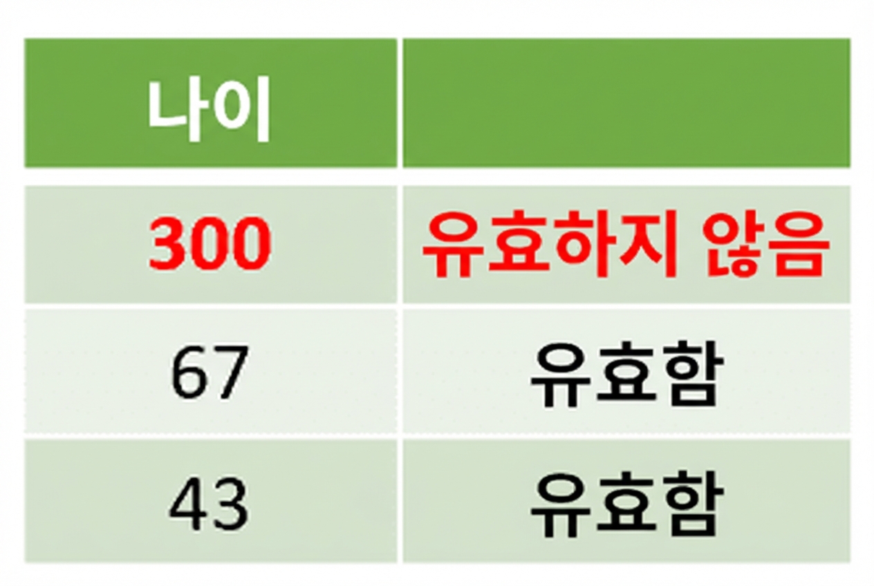 나이 표에서 첫 행이 300으로 표시되고, 유효하지 않음으로 표시됨.