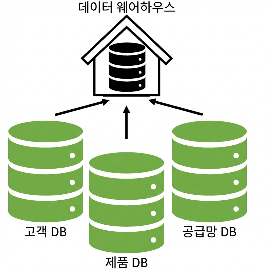 세 개의 데이터베이스 테이블이 데이터 웨어하우스로 유입