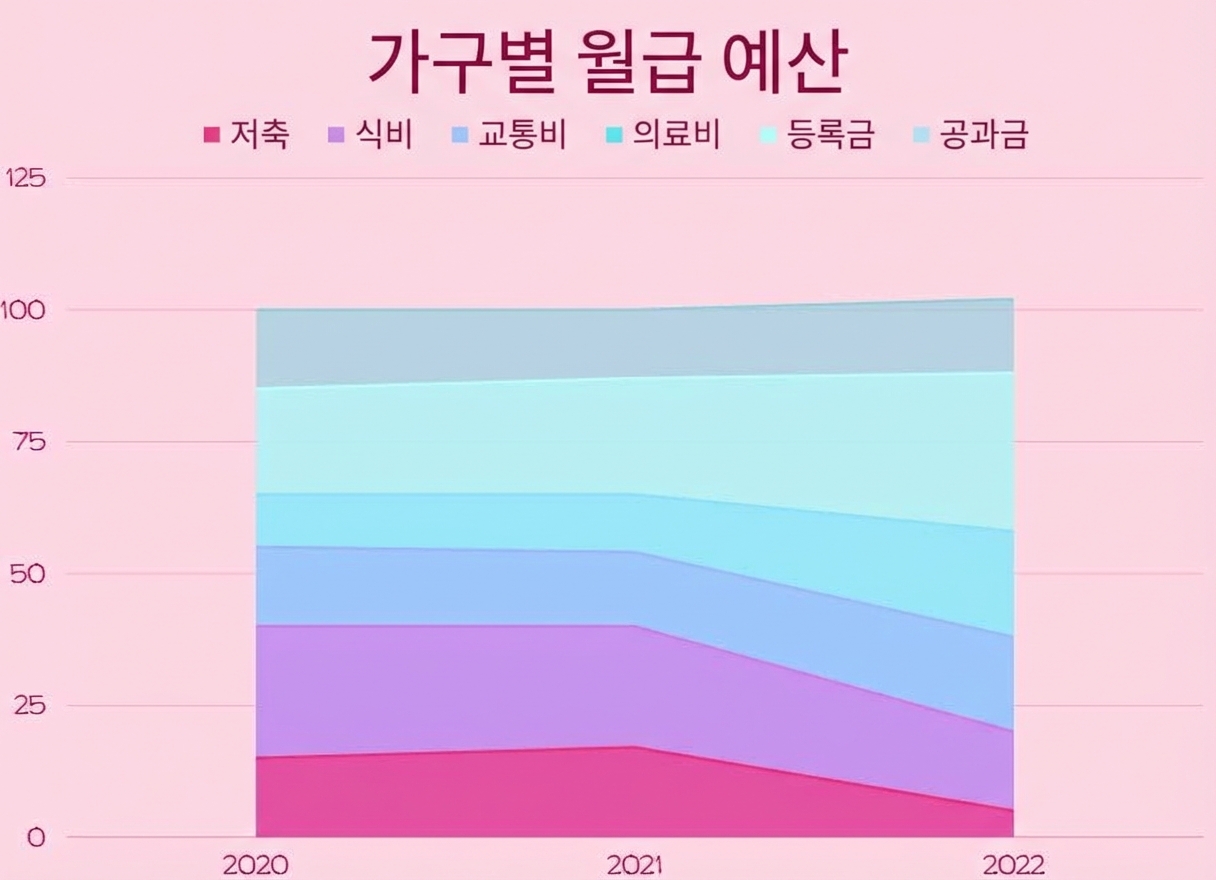 카테고리별로 다른 색으로 구분되며 수평 축까지 색이 채워진 영역을 보여주는 그래프