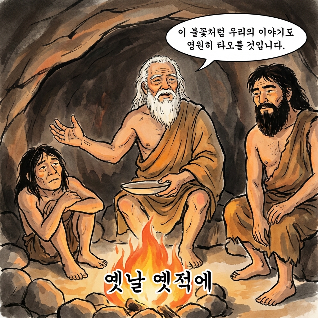 모닥불 주위에서 이야기를 나누는 원시인들