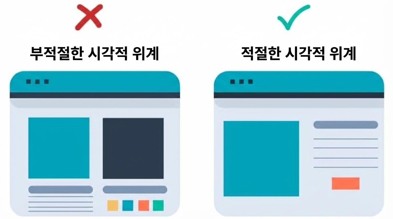 나쁜 예: 중요도 구분 없는 웹사이트, 좋은 예: 색·크기·공간관계로 이해를 돕는 레이아웃