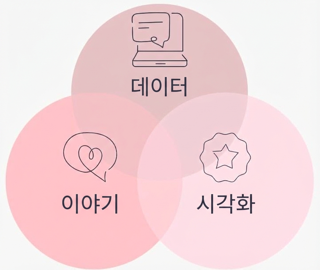 좋은 데이터 스토리를 위해 데이터, 내러티브, 시각 자료가 혼합됨을 보여주는 그래픽